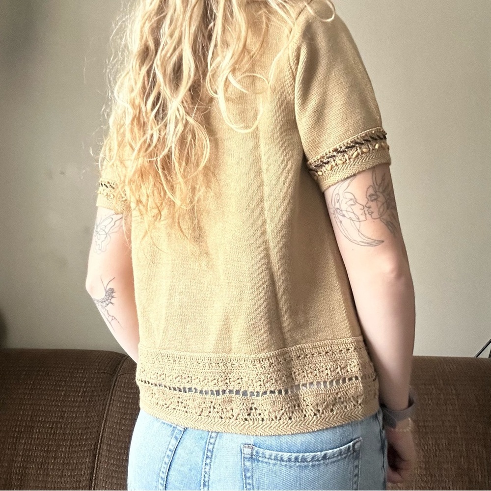 Vintage Alfred Dunner Giraffe Inspired Tan Sweater Beaded Retro Size P Small - Picture 9 of 9